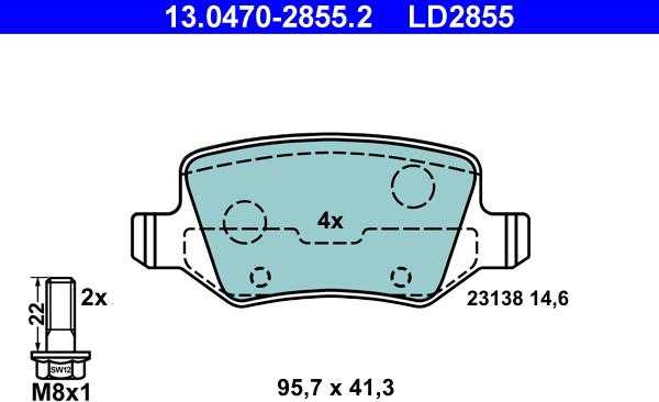 ATE 13.0470-2855.2 - Комплект спирачно феродо, дискови спирачки vvparts.bg
