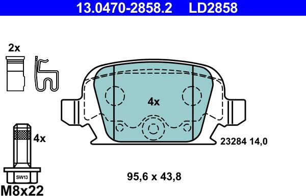 ATE 13.0470-2858.2 - Комплект спирачно феродо, дискови спирачки vvparts.bg
