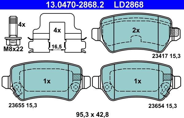 ATE 13.0470-2868.2 - Комплект спирачно феродо, дискови спирачки vvparts.bg