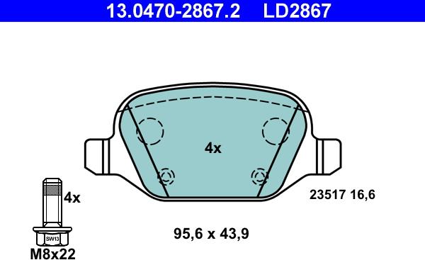 ATE 13.0470-2867.2 - Комплект спирачно феродо, дискови спирачки vvparts.bg