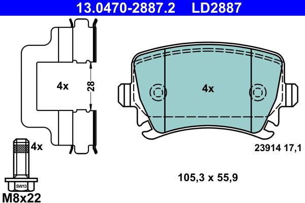 ATE 13.0470-2887.2 - Комплект спирачно феродо, дискови спирачки vvparts.bg