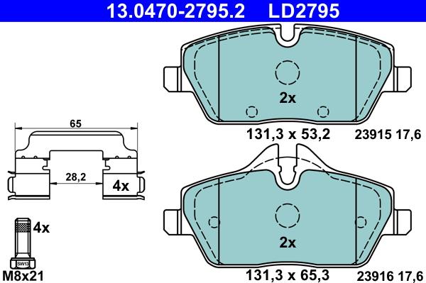 ATE 13.0470-2795.2 - Комплект спирачно феродо, дискови спирачки vvparts.bg