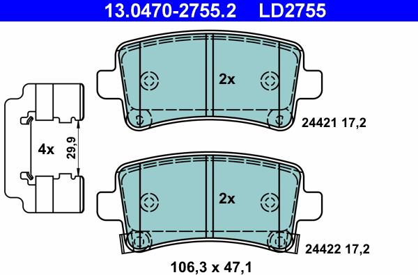 ATE 13.0470-2755.2 - Комплект спирачно феродо, дискови спирачки vvparts.bg