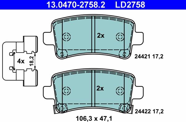 ATE 13.0470-2758.2 - Комплект спирачно феродо, дискови спирачки vvparts.bg