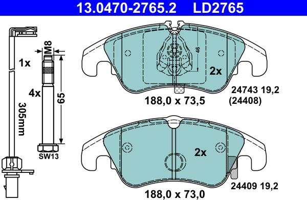 ATE 13.0470-2765.2 - Комплект спирачно феродо, дискови спирачки vvparts.bg