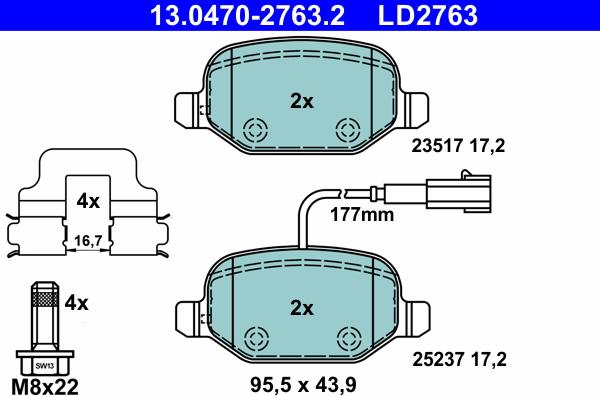 ATE 13.0470-2763.2 - Комплект спирачно феродо, дискови спирачки vvparts.bg