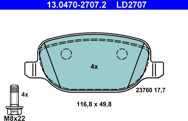 ATE 13.0470-2707.2 - Комплект спирачно феродо, дискови спирачки vvparts.bg