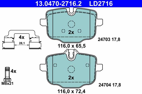 ATE 13.0470-2716.2 - Комплект спирачно феродо, дискови спирачки vvparts.bg