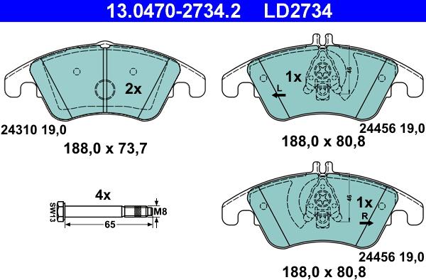 ATE 13.0470-2734.2 - Комплект спирачно феродо, дискови спирачки vvparts.bg