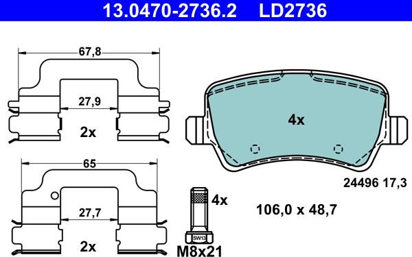 ATE 13.0470-2736.2 - Комплект спирачно феродо, дискови спирачки vvparts.bg