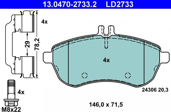 ATE 13.0470-2733.2 - Комплект спирачно феродо, дискови спирачки vvparts.bg