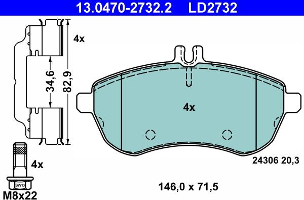 ATE 13.0470-2732.2 - Комплект спирачно феродо, дискови спирачки vvparts.bg