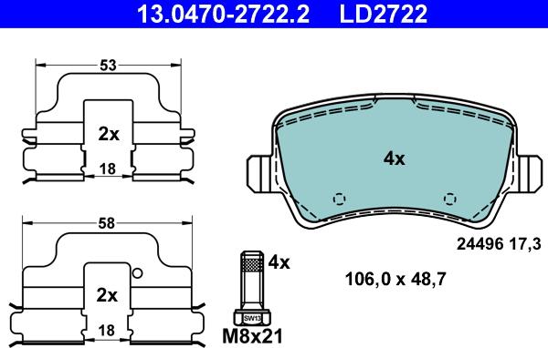 ATE 13.0470-2722.2 - Комплект спирачно феродо, дискови спирачки vvparts.bg