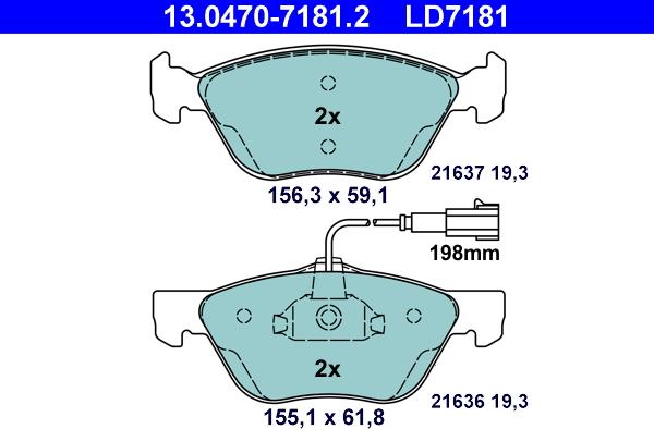 ATE 13.0470-7181.2 - Комплект спирачно феродо, дискови спирачки vvparts.bg