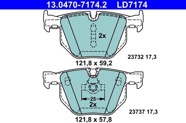 ATE 13.0470-7174.2 - Комплект спирачно феродо, дискови спирачки vvparts.bg