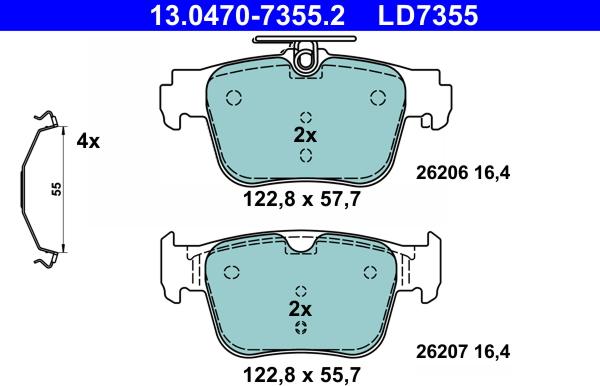 ATE 13.0470-7355.2 - Комплект спирачно феродо, дискови спирачки vvparts.bg