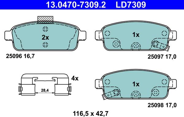 ATE 13.0470-7309.2 - Комплект спирачно феродо, дискови спирачки vvparts.bg