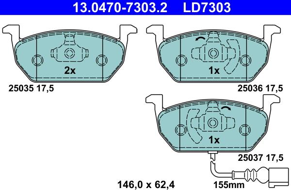 ATE 13.0470-7303.2 - Комплект спирачно феродо, дискови спирачки vvparts.bg