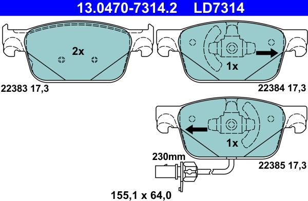 ATE 13.0470-7314.2 - Комплект спирачно феродо, дискови спирачки vvparts.bg