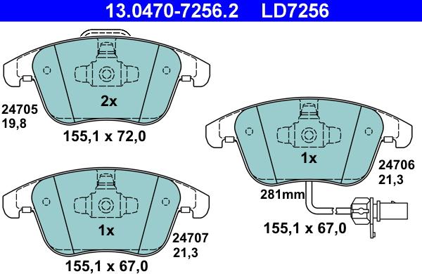 ATE 13.0470-7256.2 - Комплект спирачно феродо, дискови спирачки vvparts.bg