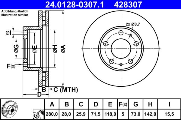 ATE 24.0128-0307.1 - Спирачен диск vvparts.bg