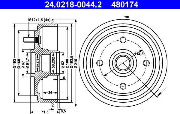 ATE 24.0218-0044.2 - Спирачен барабан vvparts.bg