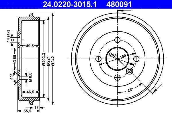 ATE 24.0220-3015.1 - Спирачен барабан vvparts.bg