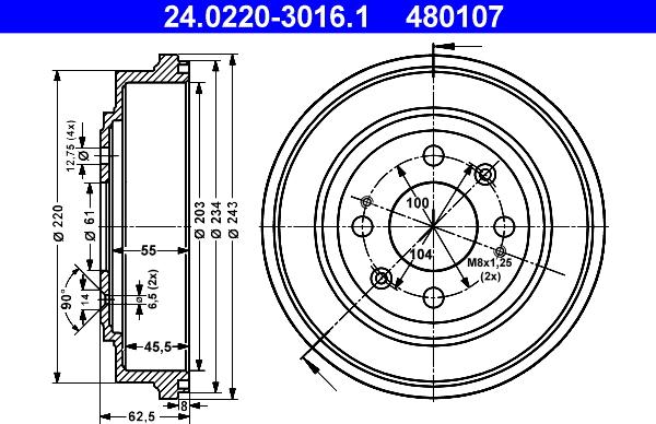 ATE 24.0220-3016.1 - Спирачен барабан vvparts.bg