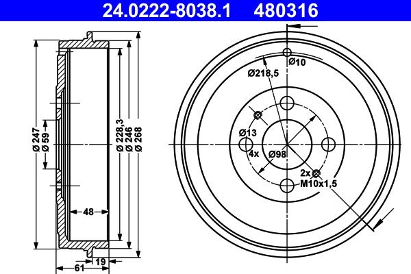 ATE 24.0222-8038.1 - Спирачен барабан vvparts.bg