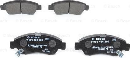 BOSCH 0 986 494 299 - Комплект спирачно феродо, дискови спирачки vvparts.bg