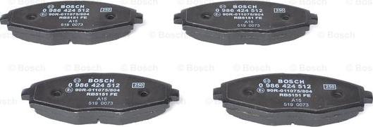 BOSCH 0 986 424 512 - Комплект спирачно феродо, дискови спирачки vvparts.bg