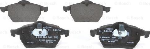 BOSCH 0 986 424 360 - Комплект спирачно феродо, дискови спирачки vvparts.bg