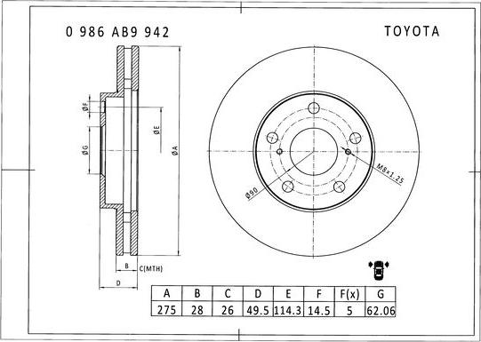 BOSCH 0 986 AB9 942 - Спирачен диск vvparts.bg