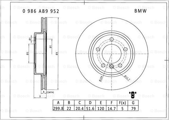BOSCH 0 986 AB9 952 - Спирачен диск vvparts.bg