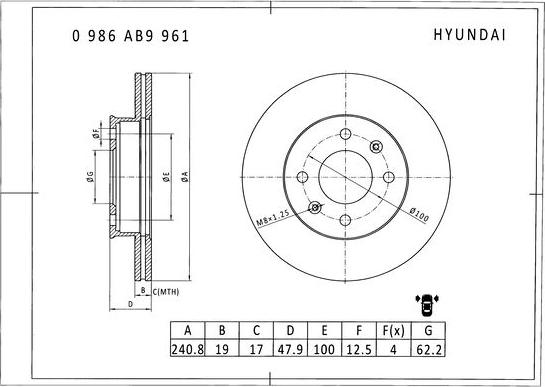 BOSCH 0 986 AB9 961 - Спирачен диск vvparts.bg