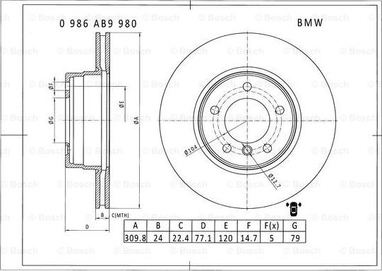 BOSCH 0 986 AB9 980 - Спирачен диск vvparts.bg