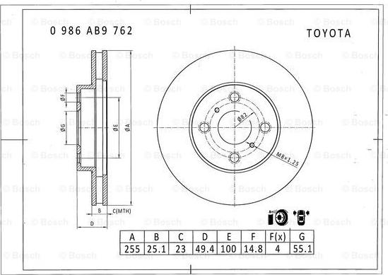 BOSCH 0 986 AB9 762 - Спирачен диск vvparts.bg