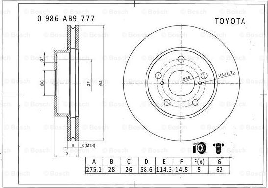 BOSCH 0 986 AB9 777 - Спирачен диск vvparts.bg