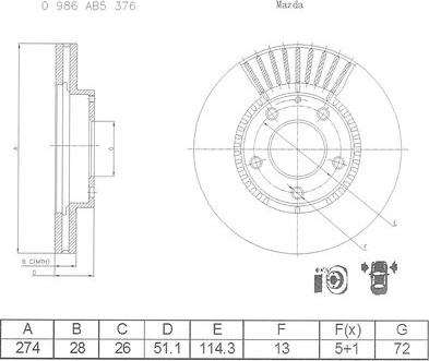 BOSCH 0 986 AB5 376 - Спирачен диск vvparts.bg