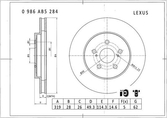 BOSCH 0 986 AB5 284 - Спирачен диск vvparts.bg