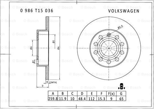 BOSCH 0 986 T15 036 - Спирачен диск vvparts.bg