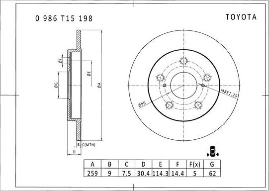 BOSCH 0 986 T15 198 - Спирачен диск vvparts.bg