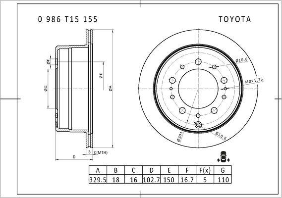 BOSCH 0 986 T15 155 - Спирачен диск vvparts.bg