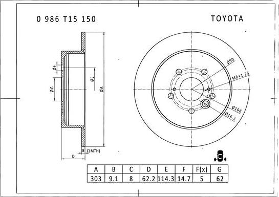 BOSCH 0 986 T15 150 - Спирачен диск vvparts.bg