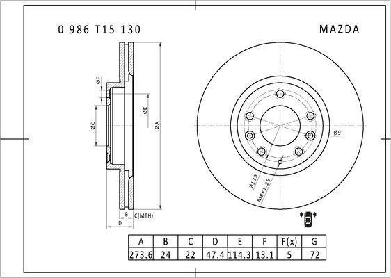 BOSCH 0 986 T15 130 - Спирачен диск vvparts.bg