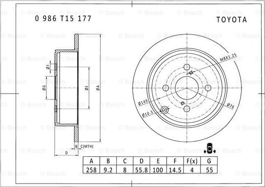 BOSCH 0 986 T15 177 - Спирачен диск vvparts.bg