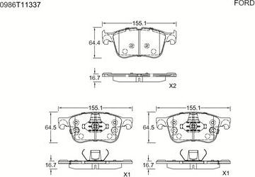 BOSCH 0 986 T11 337 - Комплект спирачно феродо, дискови спирачки vvparts.bg