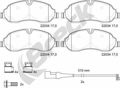 Breck 22034 00 703 00 - Комплект спирачно феродо, дискови спирачки vvparts.bg