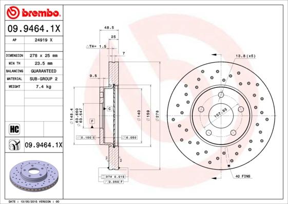 Brembo 09.9464.1X - Спирачен диск vvparts.bg