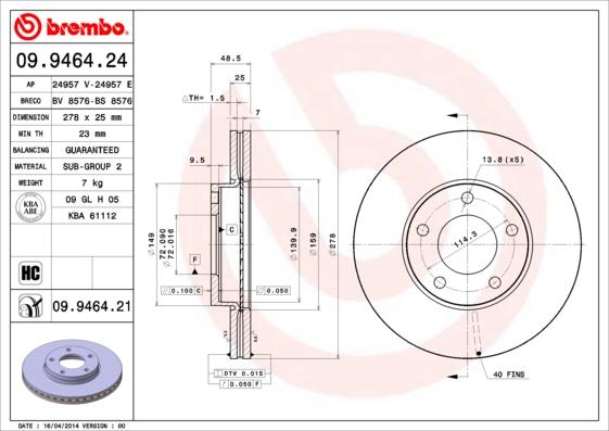 Brembo 09.9464.21 - Спирачен диск vvparts.bg